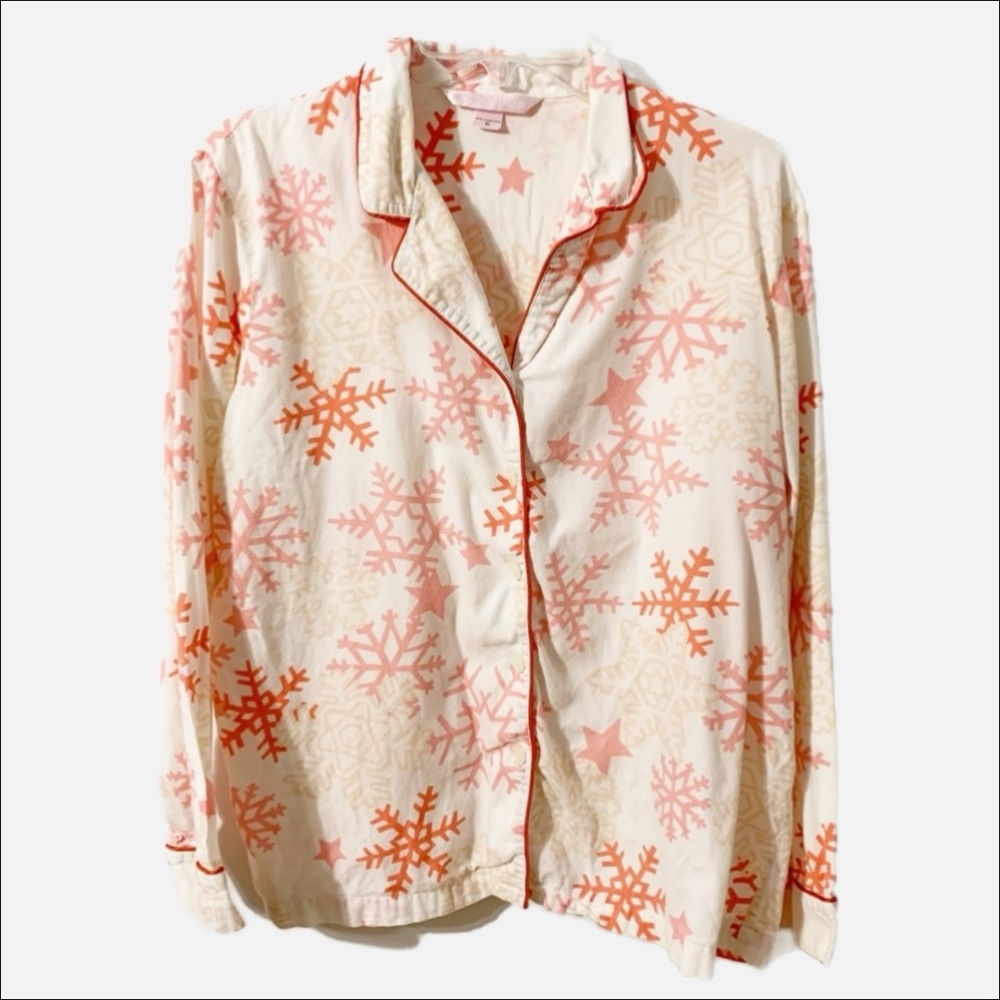 Victoria Secrets Flannel Button Up Snowflake ❄️❄️ Pajama Top Notched Lapel Trims